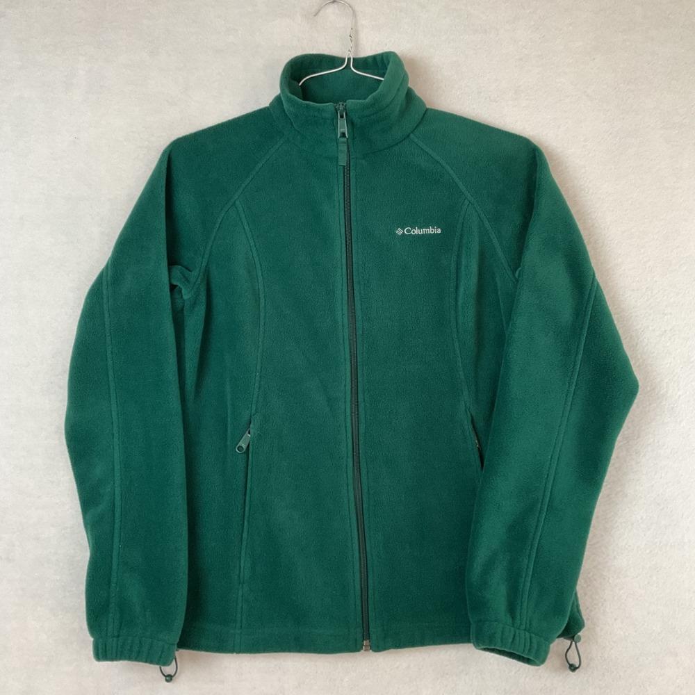 Columbia Womens Medium Full Zip Fleece Jacket Green Mock Neck Raglan Sleeve